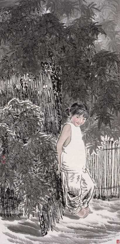 王有政 乙亥（1995）年作 篱边的小女孩 立轴